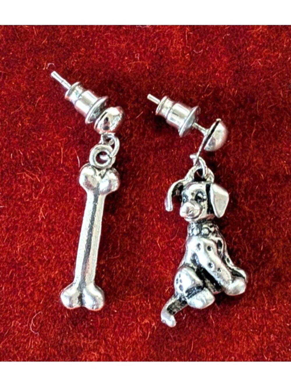 VTG Disney 101 Dalmatians Puppy And Bone Stud Drop Earrings Mismatched Metal 1"